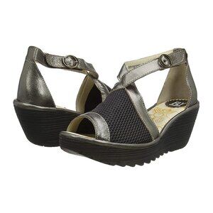 FLY London Yace Black Silver Open Toe Wedge Sandal NWT 8.5 or 39